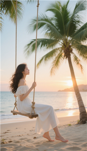 黄昏海边沙滩荡秋千美女图片